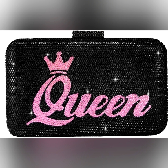 Black and Pink Queen Rhinestone Crystal Diamante Clutch Purse
